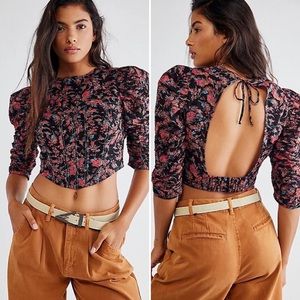 Free People Top Monica Cropped Dark Floral Corset Ruched Black Pink Backless XS